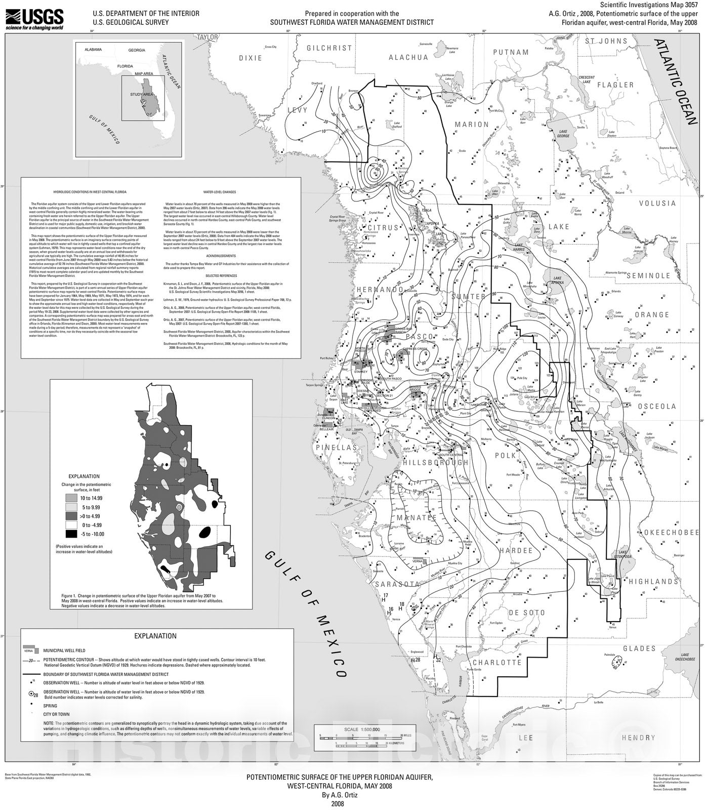 Map : Potentiometric surface of the upper Floridan aquifer, west-central Florida, May 2008, 2009 Cartography Wall Art :