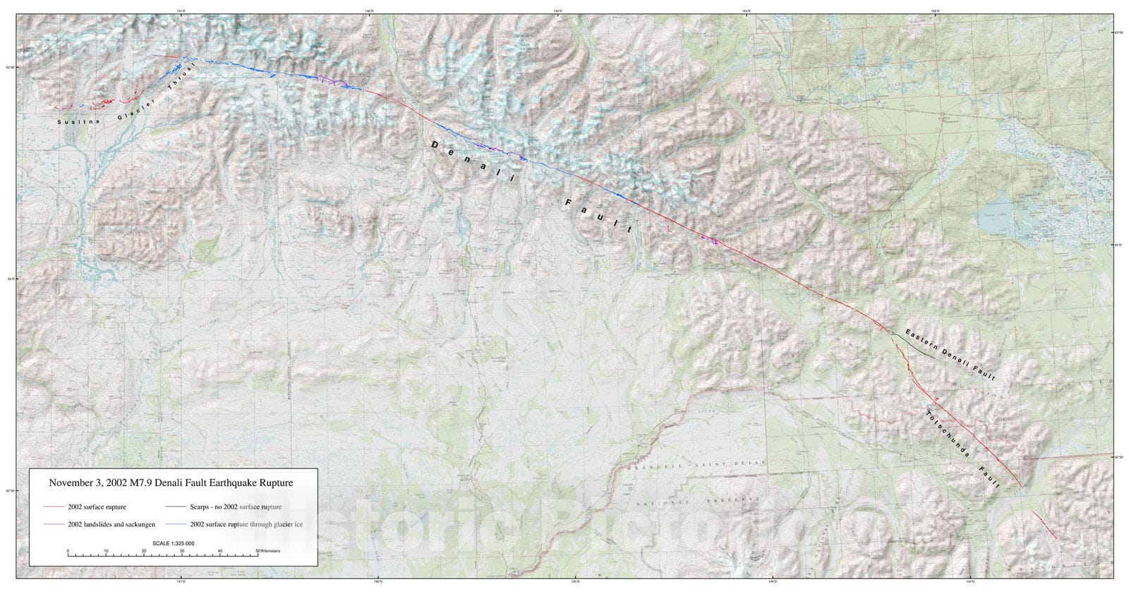 Map : Surface rupture map of the 2002 M7.9 Denali fault earthquake, Alaska; digital data, 2009 Cartography Wall Art :