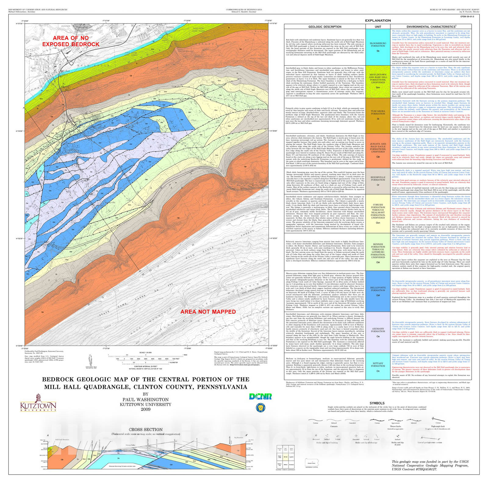 Map : Bedrock geologic map of the central portion of the Mill Hall quadrangle, Clinton County, Pennsylvania, 2009 Cartography Wall Art :
