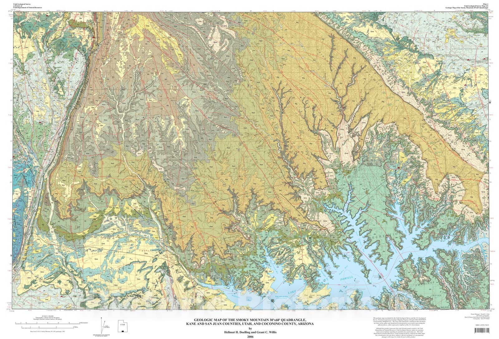 Map : Geologic map of the Smoky Mountain 30' x 60' quadrangle, Kane and San Juan Counties, Utah and Coconino County, Arizona, 2008 Cartography Wall Art :