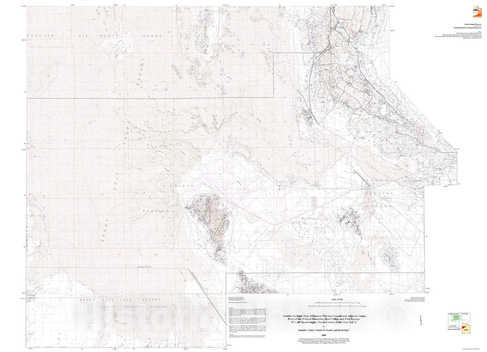 Map : Interim geologic map of Dugway Proving Ground and adjacent areas, parts of Wildcat Mountain, Ruch Valley, and Fish Springs, 2008 Cartography Wall Art :