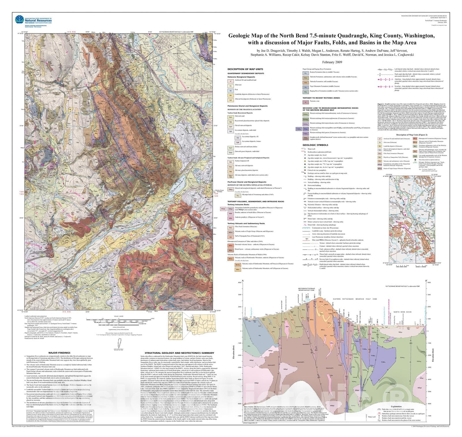 Map : Geologic map of the North Bend 7.5-minute quadrangle, King County, Washington, with a discussion of major faults, folds, and basins in the map area, 2009 Cartography Wall Art :