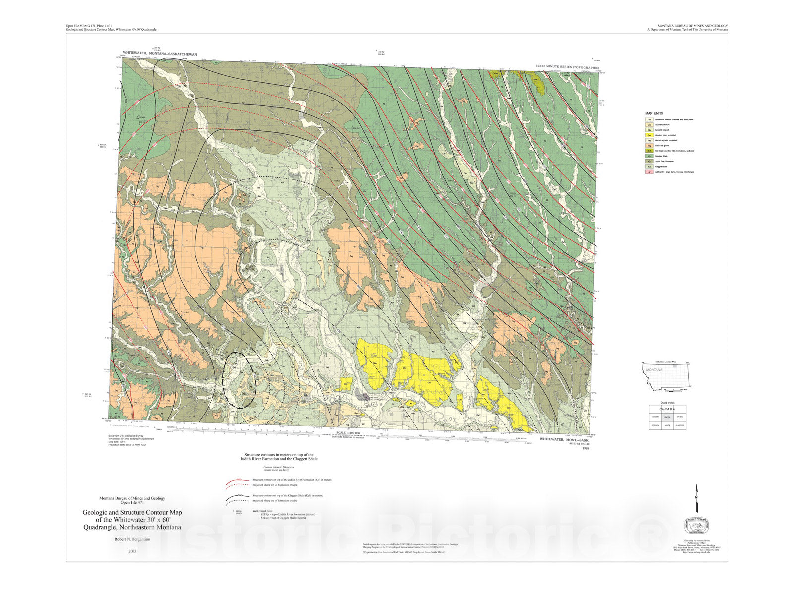 Map : Geologic and structure contour map of the Whitewater 30' x 60' quadrangle, northeastern Montana, 2003 Cartography Wall Art :