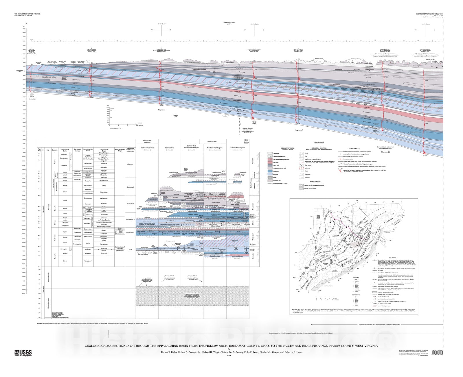 Map : Geologic cross section D-D' through the Appalachian Basin from the Findlay Arch, Sandusky County, Ohio, to the Valley and Ridge, 2009 Cartography Wall Art :