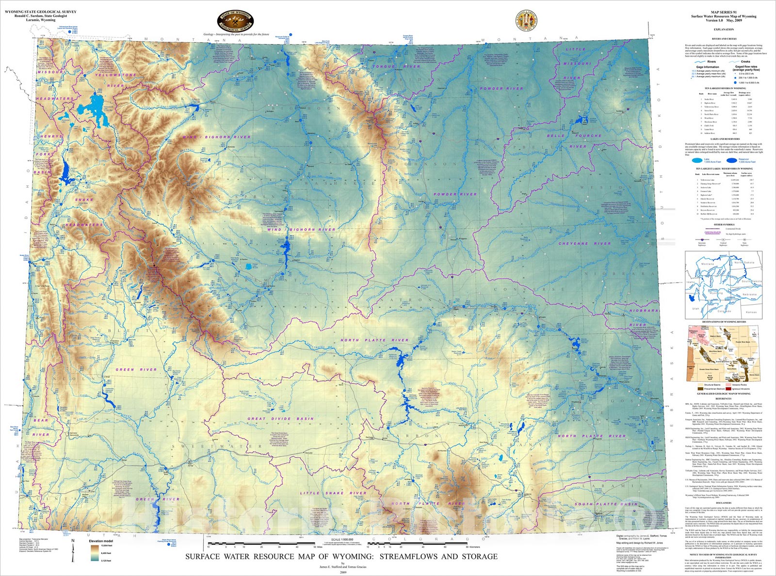 Map : Surface water resources map of Wyoming: Streamflows and Storage, 2009 Cartography Wall Art :