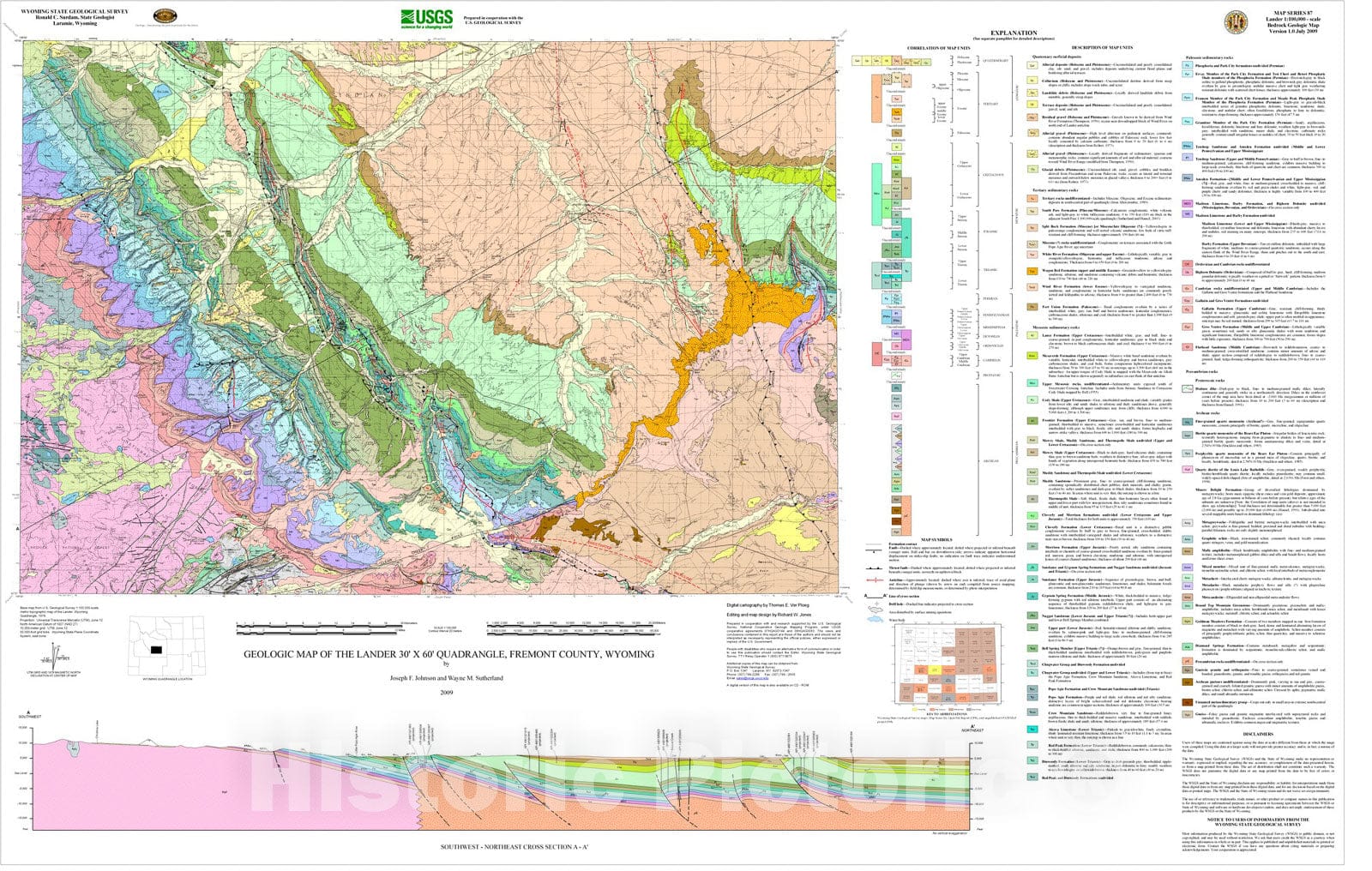 Map : Geologic map of the Lander 30' x 60' quadrangle, Fremont County, Wyoming, 2009 Cartography Wall Art :