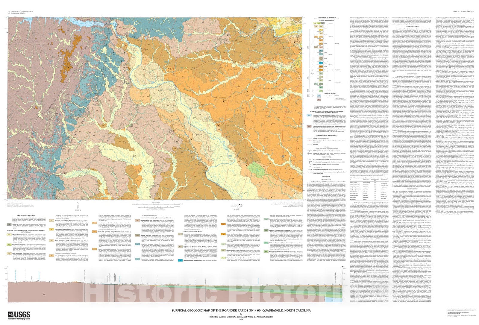 Map : Surficial geologic map of the Roanoke Rapids 30' x 60' quadrangle, North Carolina, 2009 Cartography Wall Art :