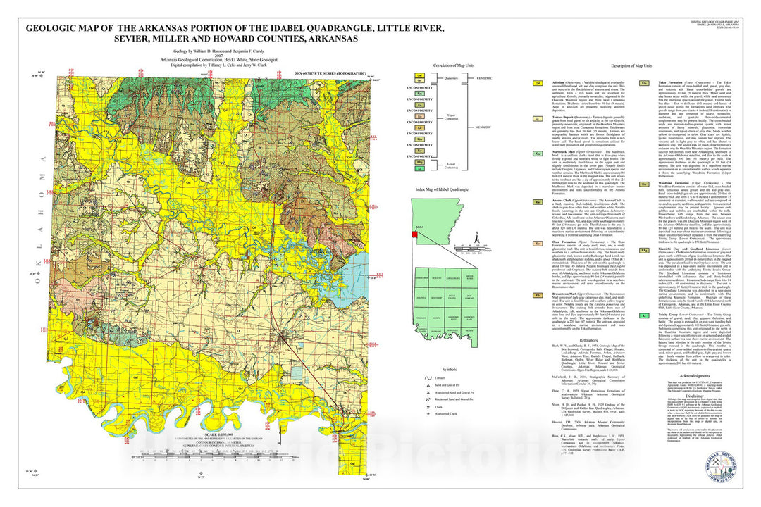 Map : Geologic map of the Arkansas portion of the Idabel 1:100,000 Quadrangle, Little River, Sevier, Miller and Howard Counties, Arkansas, 2007 Cartography Wall Art :