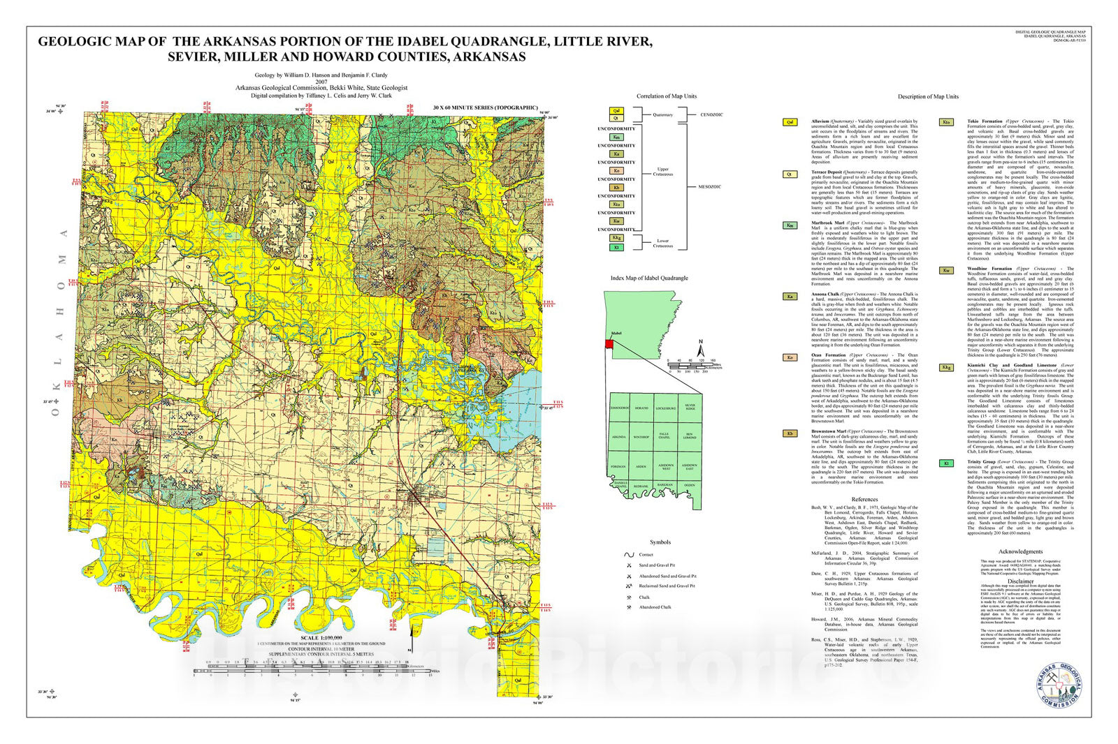 Map : Geologic map of the Arkansas portion of the Idabel 1:100,000 Quadrangle, Little River, Sevier, Miller and Howard Counties, Arkansas, 2007 Cartography Wall Art :