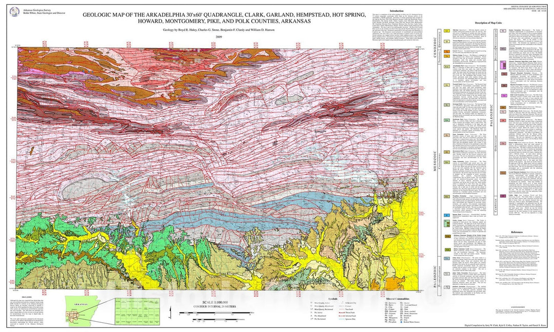 Map : Geologic map of the Arkadelphia 30' x 60' Quadrangle, Clark, Garland, Hempstead, Hot Spring, Howard, Montgomery, Pike and Polk Counties, Arkansas, 2009 Cartography Wall Art :