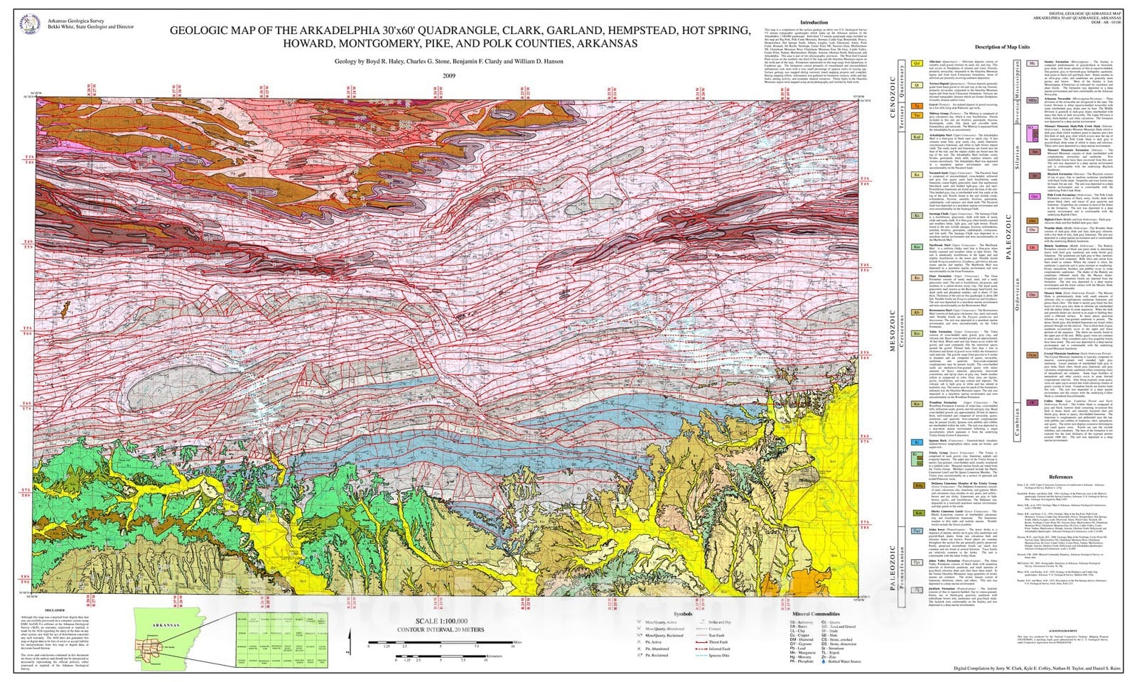 Map : Geologic map of the Arkadelphia 30' x 60' Quadrangle, Clark, Garland, Hempstead, Hot Spring, Howard, Montgomery, Pike and Polk Counties, Arkansas, 2009 Cartography Wall Art :