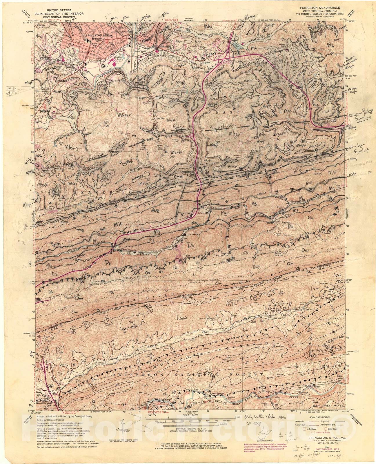 Map : Bedrock Geologic Map of the Princeton 7.5' Quadrangle, West Virginia - Virginia, 2000 Cartography Wall Art :