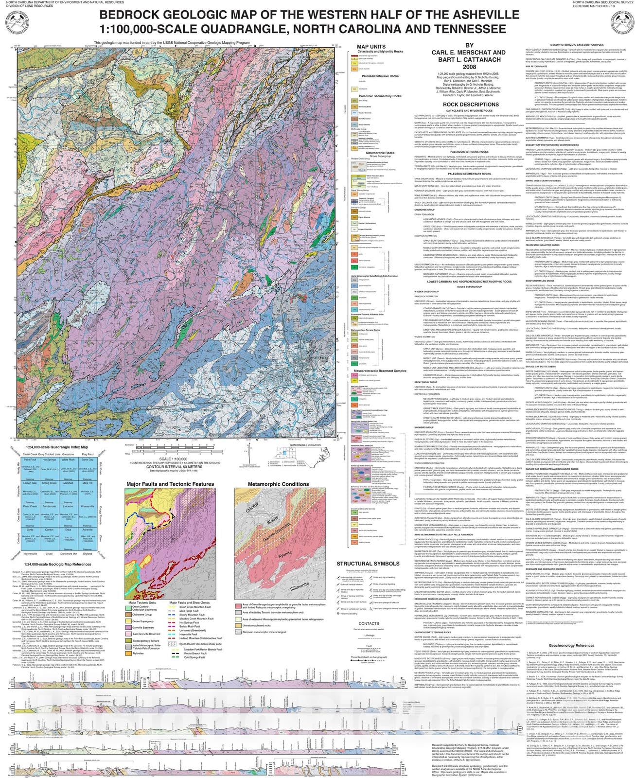 Map : Bedrock geologic map of the western half of the Asheville 1:100,000-scale quadrangle, North Carolina and Tennessee, 2008 Cartography Wall Art :