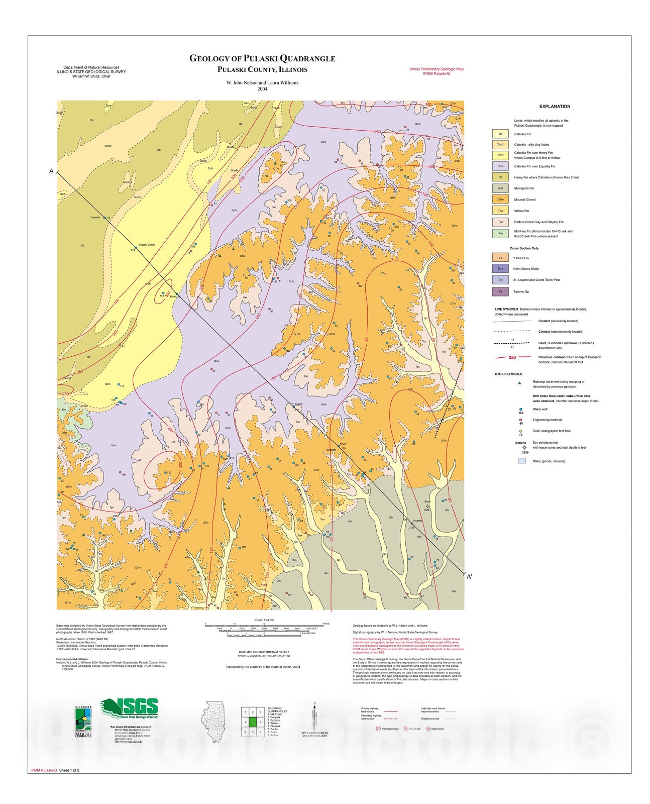 Map : Geology of Pulaski Quadrangle, Pulaski County, Illinois, 2004 Cartography Wall Art :