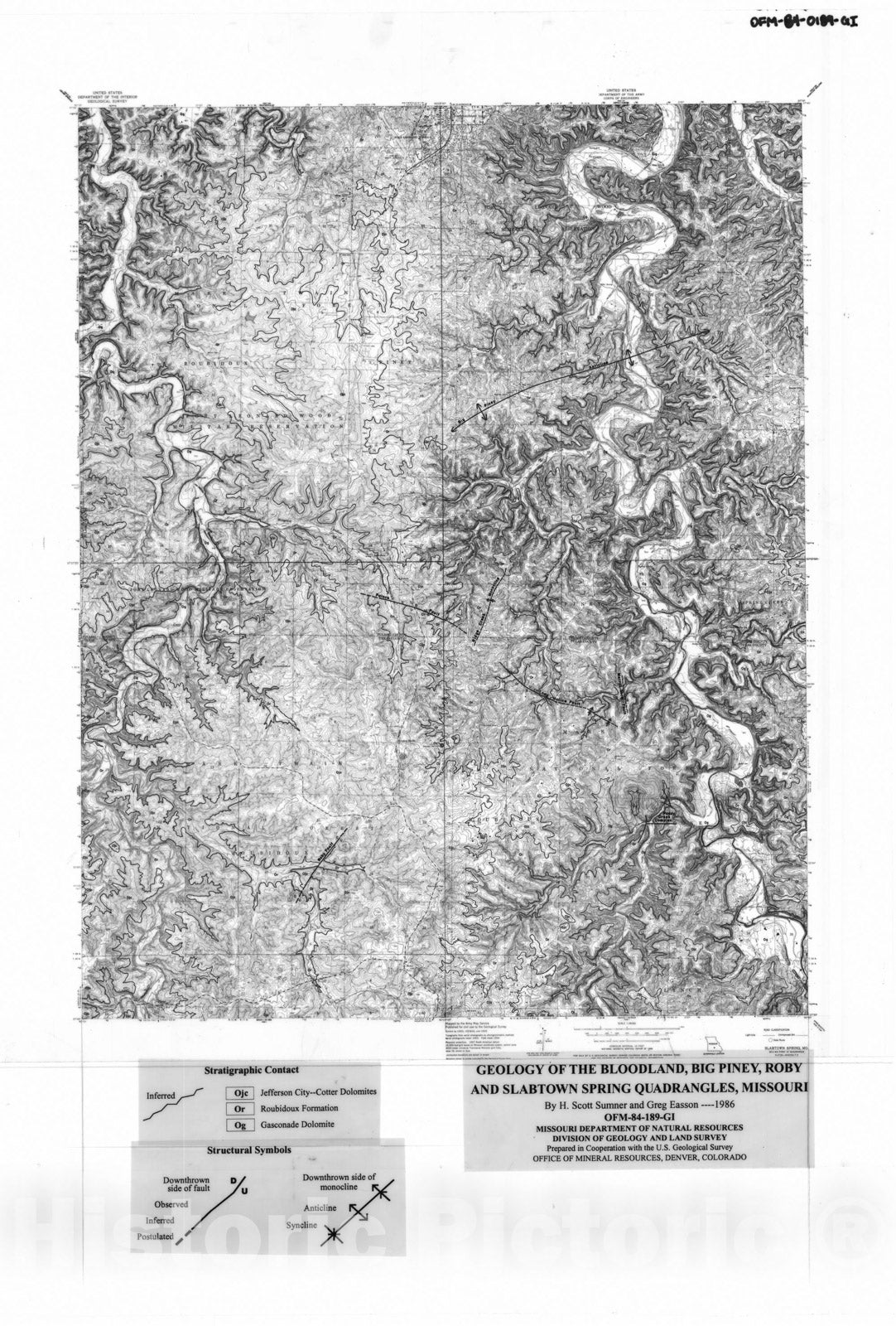 Map : Geology of the Bloodland, Big Piney, Roby and Slabtown Spring quadrangles, Missouri [15'], 1986 Cartography Wall Art :