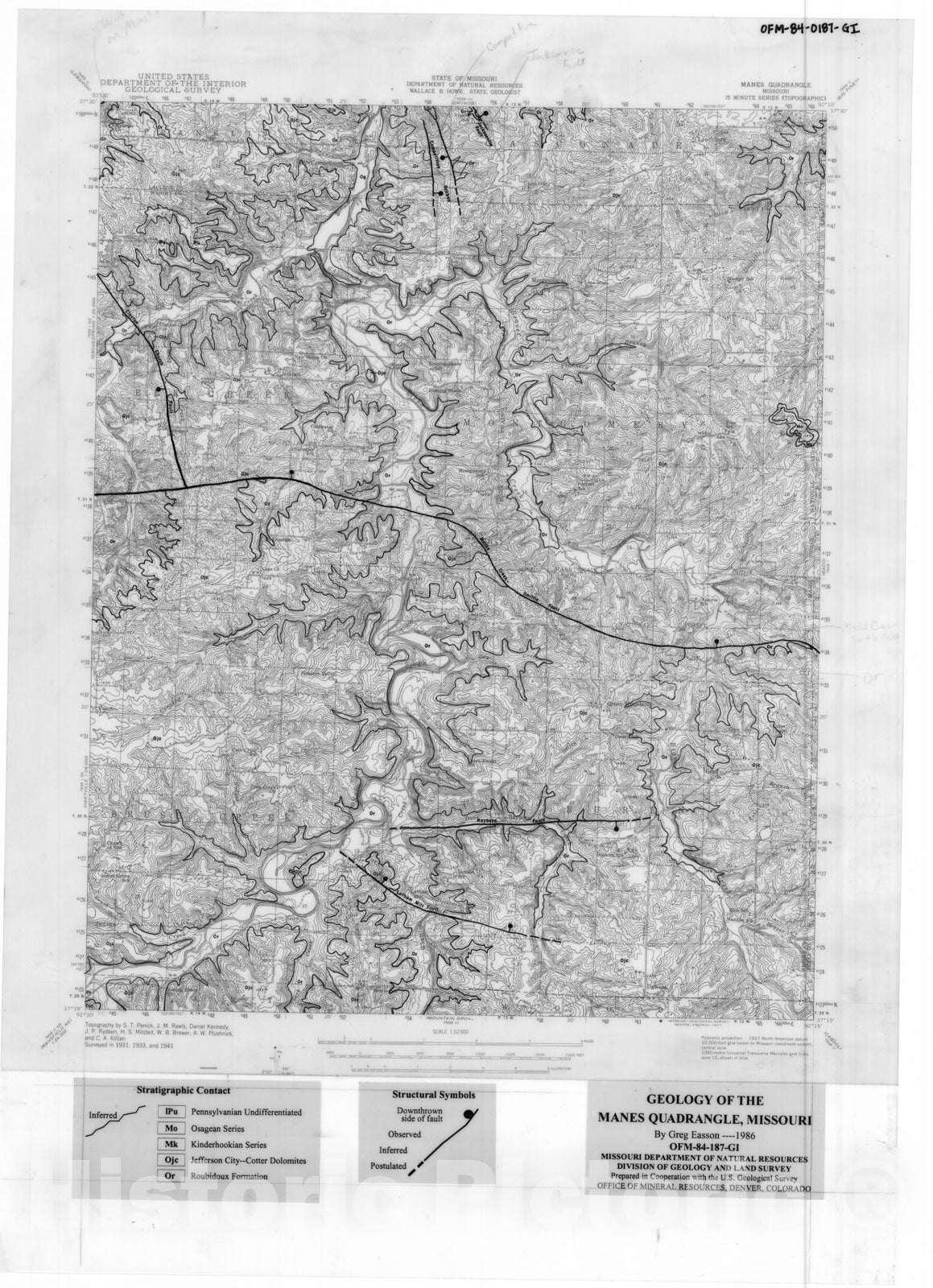 Map : Geology of the Manes 15' quadrangle, Missouri, 1982 Cartography Wall Art :
