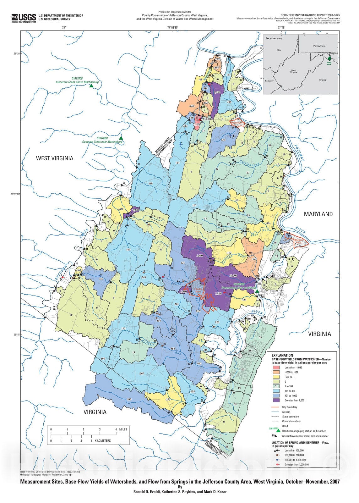Map : Hydrogeologic factors affecting base-flow yields in the Jefferson County area, West Virginia, October-November 2007, 2009 Cartography Wall Art :