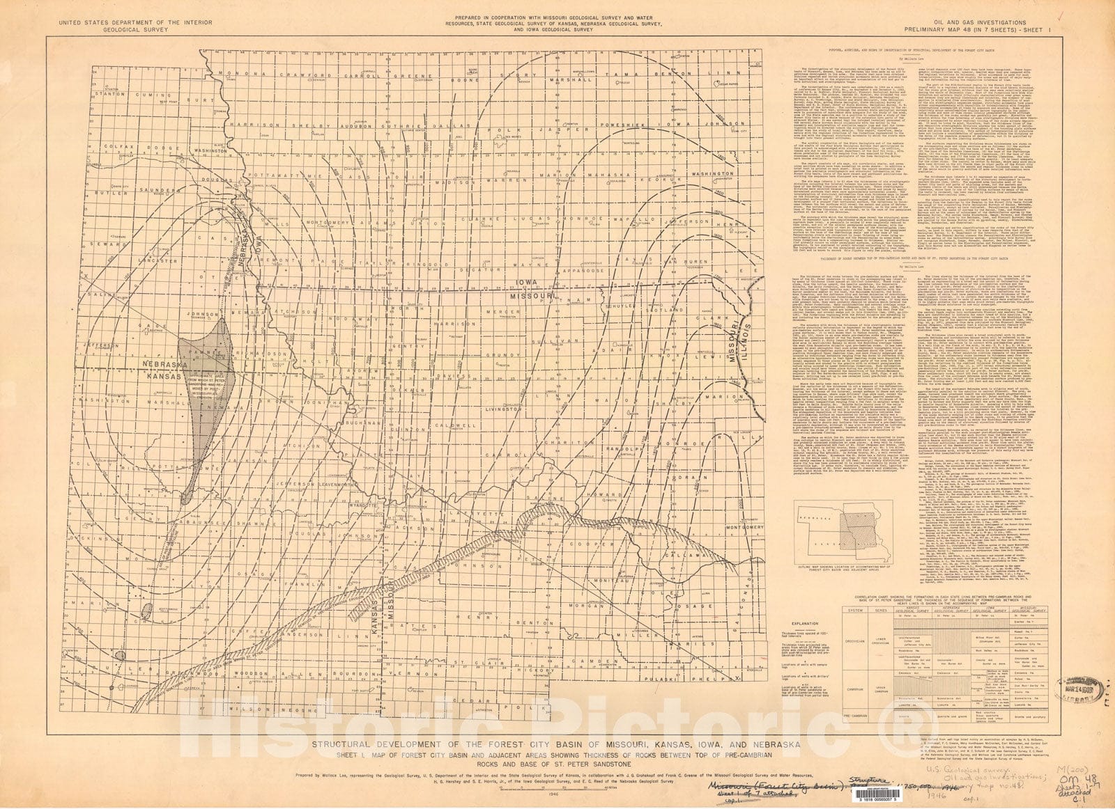 Map : Structural development of the Forest City basin of Missouri, Kansas, Iowa, and Nebraska, 1946 Cartography Wall Art :