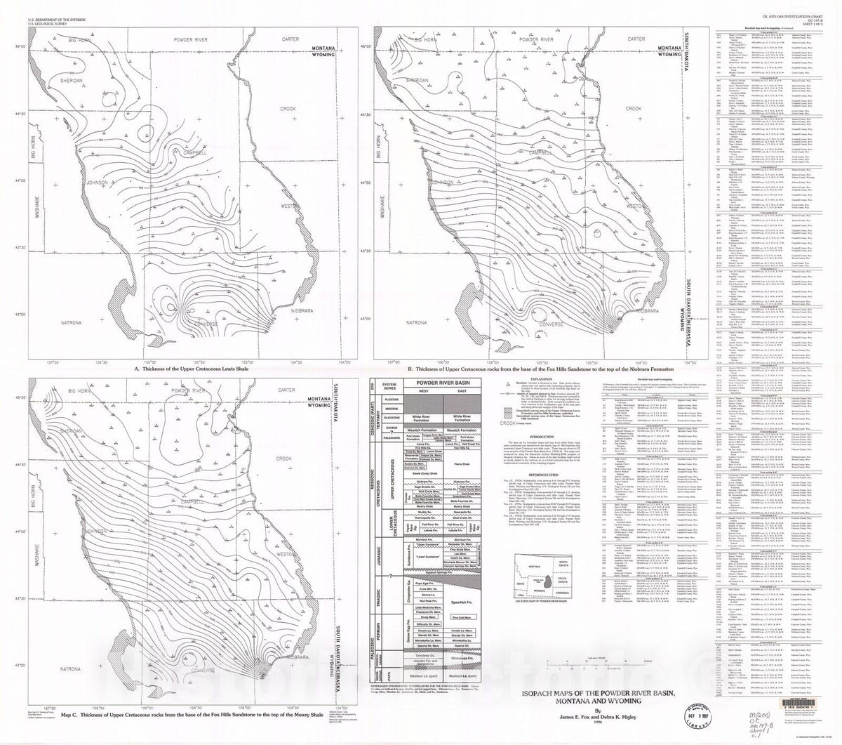 Map : Isopach maps of the Powder River Basin, Montana and Wyoming, 1996 Cartography Wall Art :