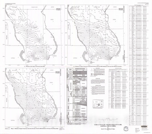 Map : Isopach maps of the Powder River Basin, Montana and Wyoming, 1996 Cartography Wall Art :