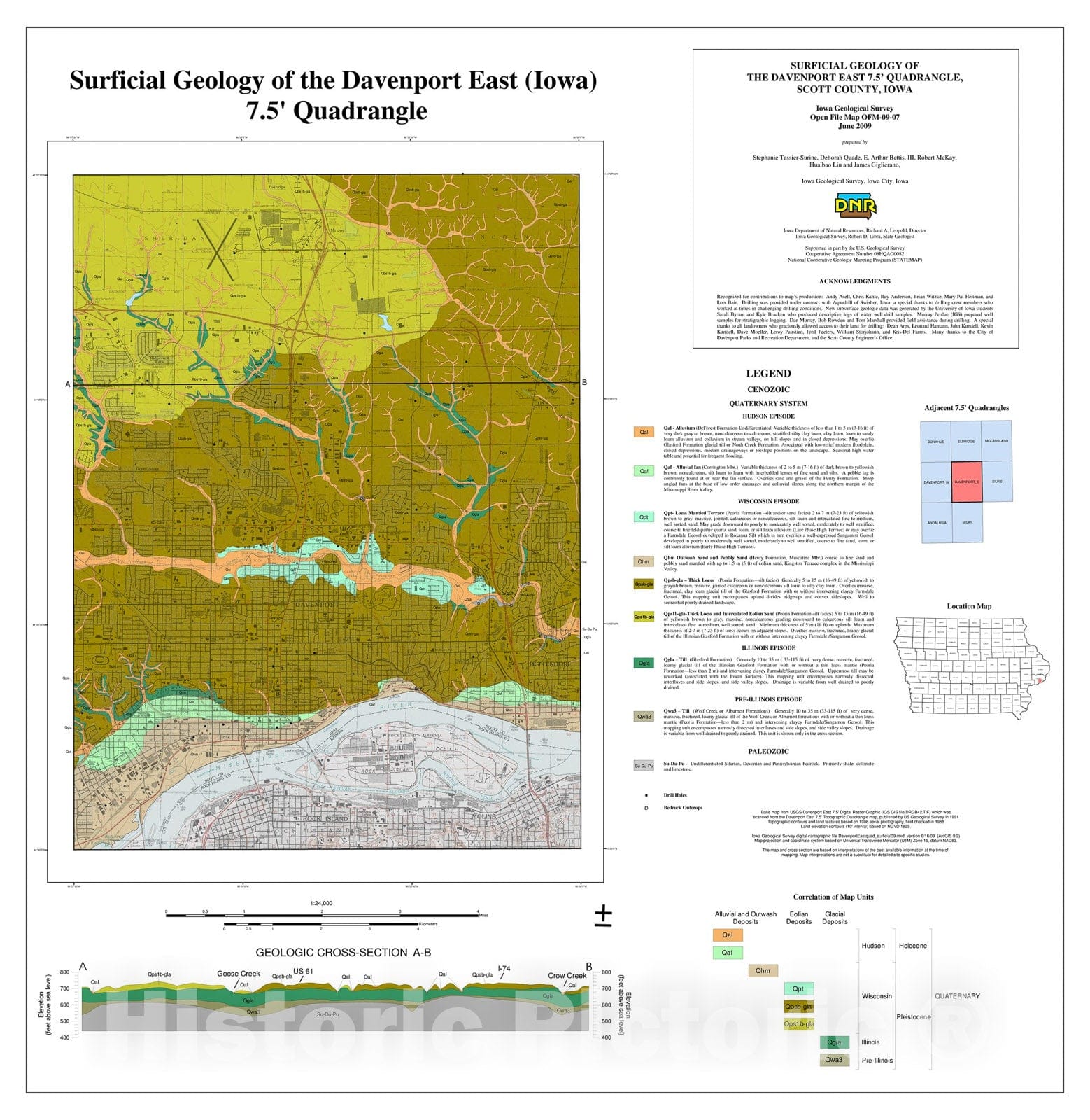 Map : Surficial Geology of the Davenport East 7.5. Quadrangle, Scott County, Iowa, 2009 Cartography Wall Art :