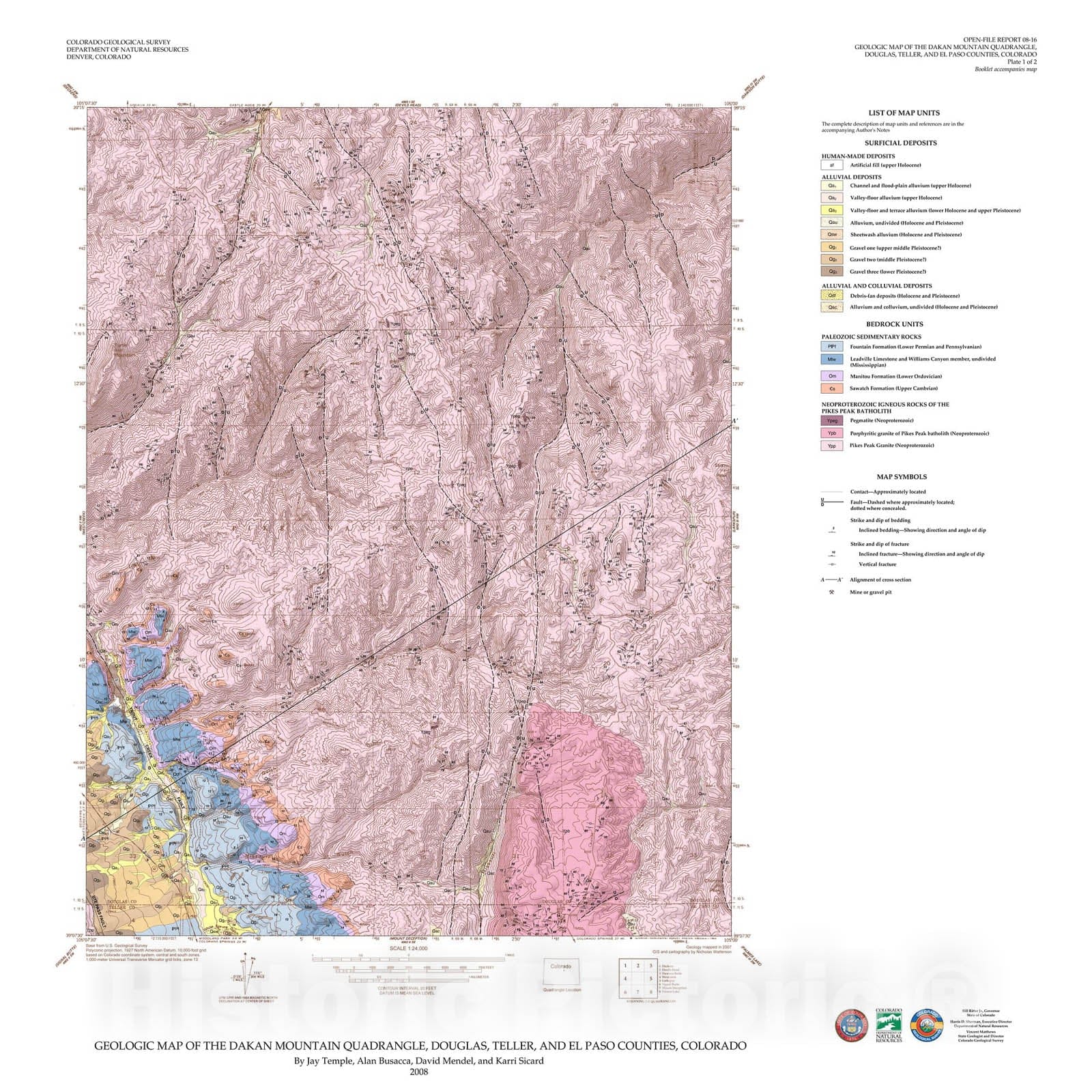 Map : Geologic Map of the Dakan Mountain Quadrangle, Douglas, Teller, and El Paso Counties, Colorado, 2008 Cartography Wall Art :