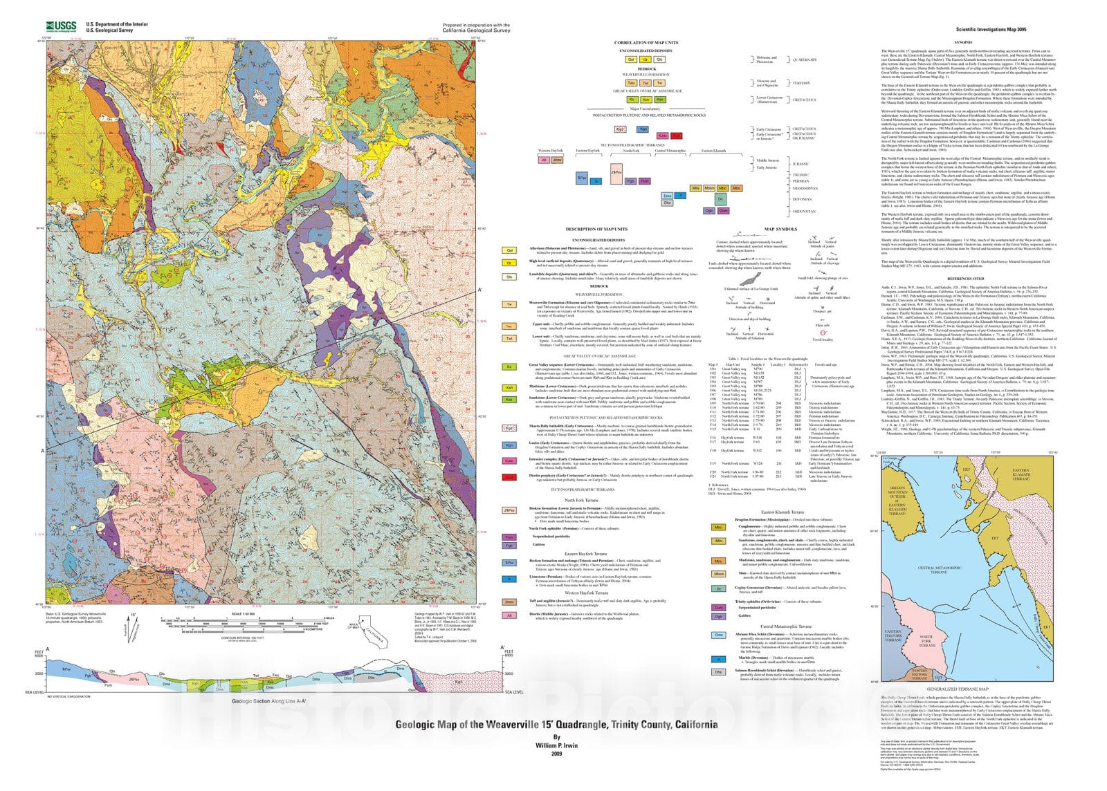 Map : Geologic map of the Weaverville 15' quadrangle, Trinity County, California, 2009 Cartography Wall Art :