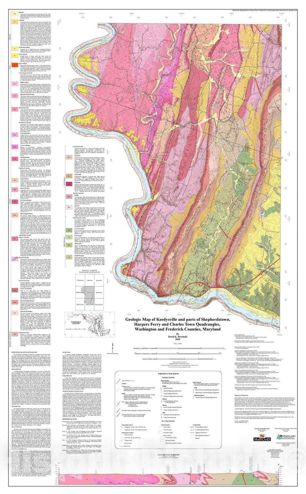 Map : Geologic map of the Keedysville and parts of Shepherdstown, Harpers Ferry and Charles Town quadrangles, Washington and Frederick Counties, Maryland, 2009 Cartography Wall Art :
