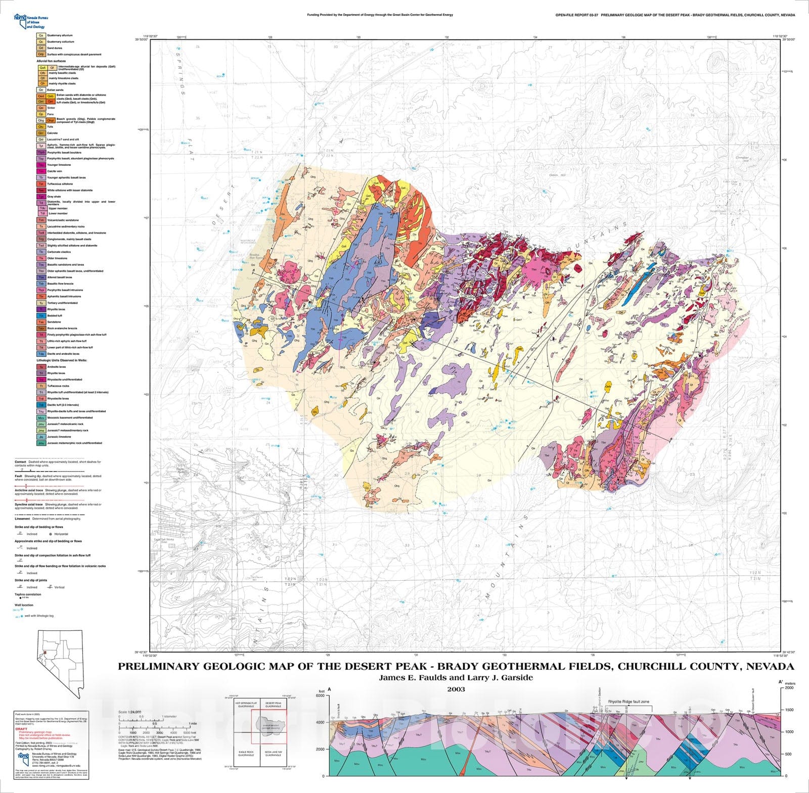Map : Preliminary geologic map of the Desert Peak - Brady geothermal fields, Churchill County, Nevada, 2003 Cartography Wall Art :