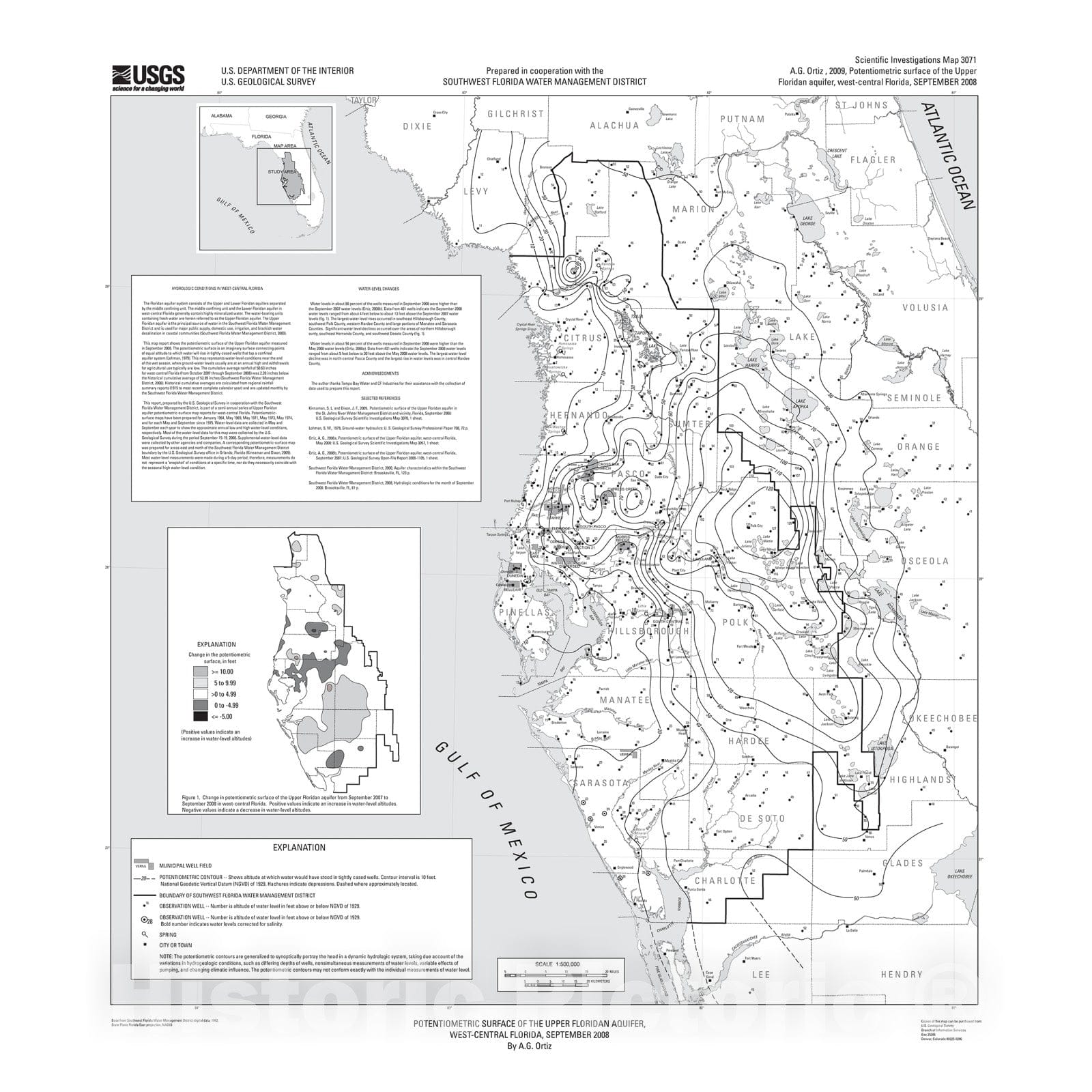 Map : Potentiometric surface of the upper Floridan aquifer, west-central Florida, September 2008, 2009 Cartography Wall Art :