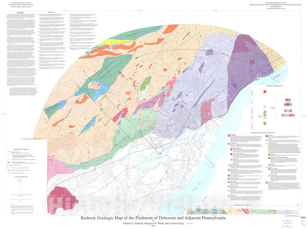 Map : Bedrock geology of the Piedmont of Delaware and adjacent Pennsylvania, 2000 Cartography Wall Art :