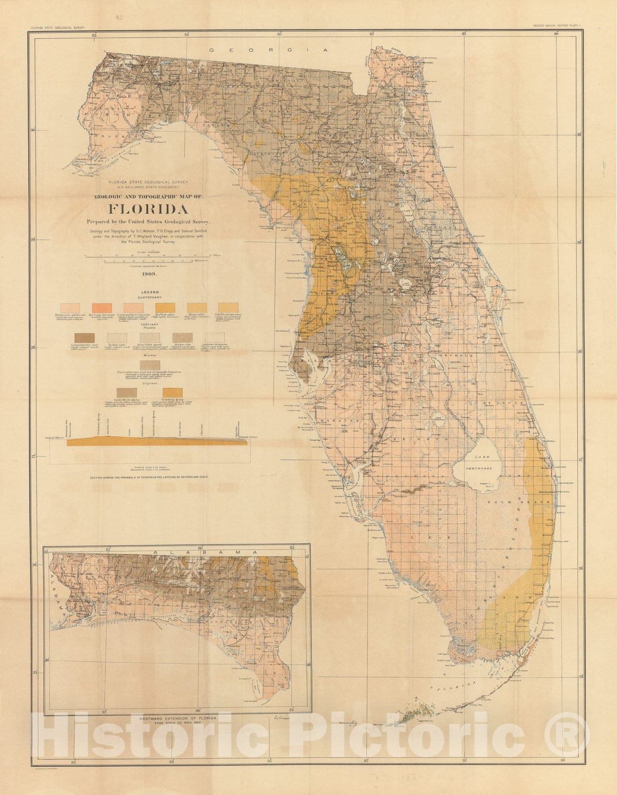 Map : A preliminary report on the geology of Florida with special reference to the stratigraphy, 1909 Cartography Wall Art :