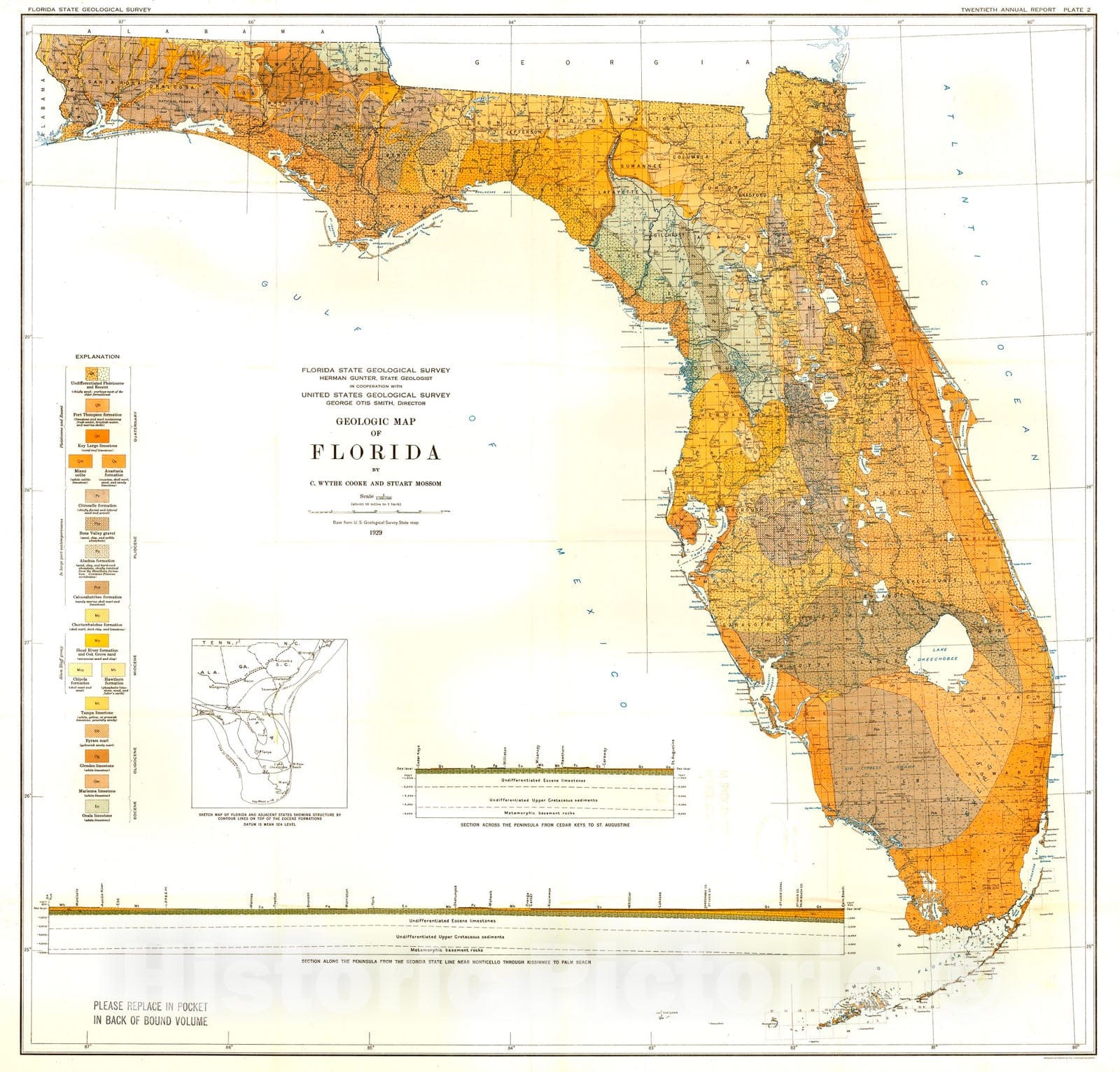 Map : Geology of Florida, with geologic map, 1929 Cartography Wall Art :