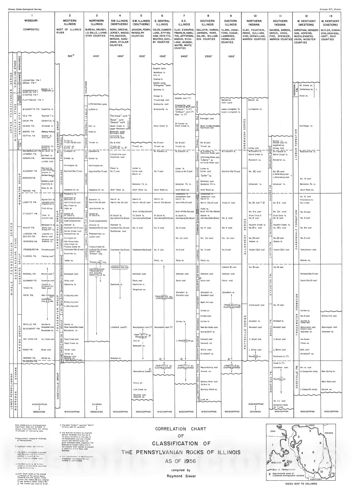 Map : Classification of the Pennsylvanian rocks of Illinois as of 1956, 1956 Cartography Wall Art :