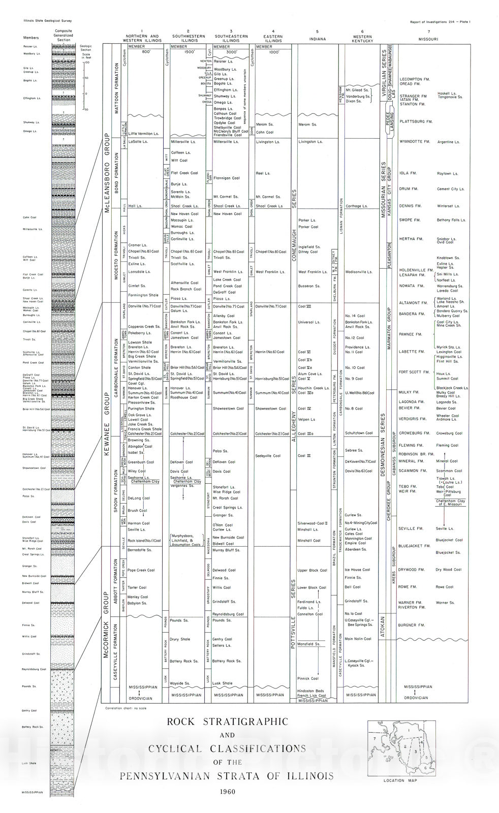 Map : Classification of the Pennsylvanian strata of Illinois, 1960 Cartography Wall Art :