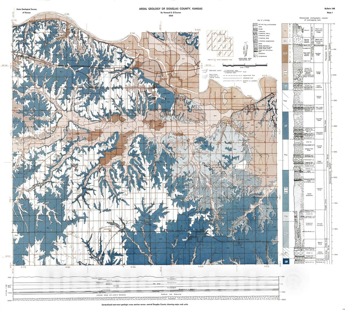 Map : Geology and ground-water resources of Douglas County, Kansas, 1960 Cartography Wall Art :