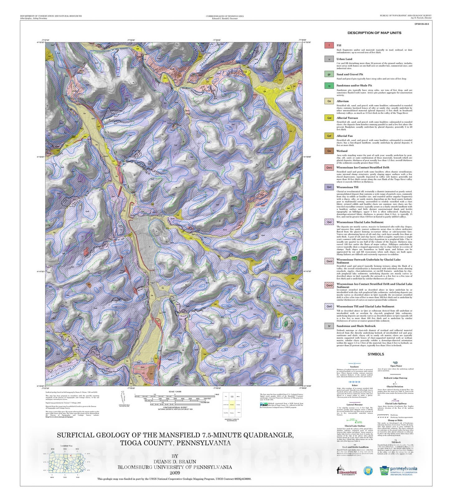 Map : Surficial geology of the Mansfield 7.5-minute quadrangle, Tioga County, Pennsylvania, 2009 Cartography Wall Art :