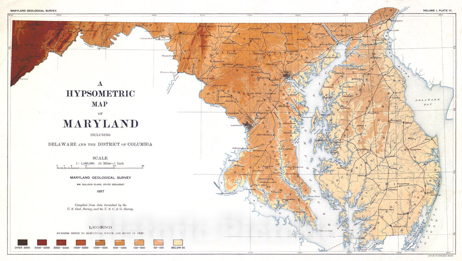 Map : Outline of present knowledge of the physical features of Maryland, 1897 Cartography Wall Art :