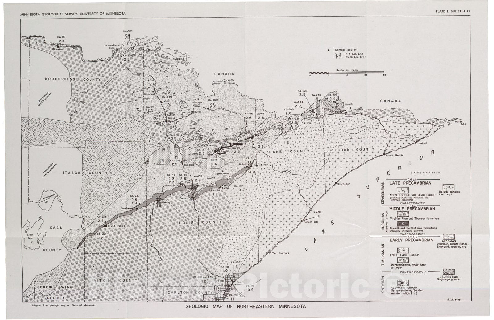 Map : The Precambrian geology and geochronology of Minnesota, 1961 Cartography Wall Art :