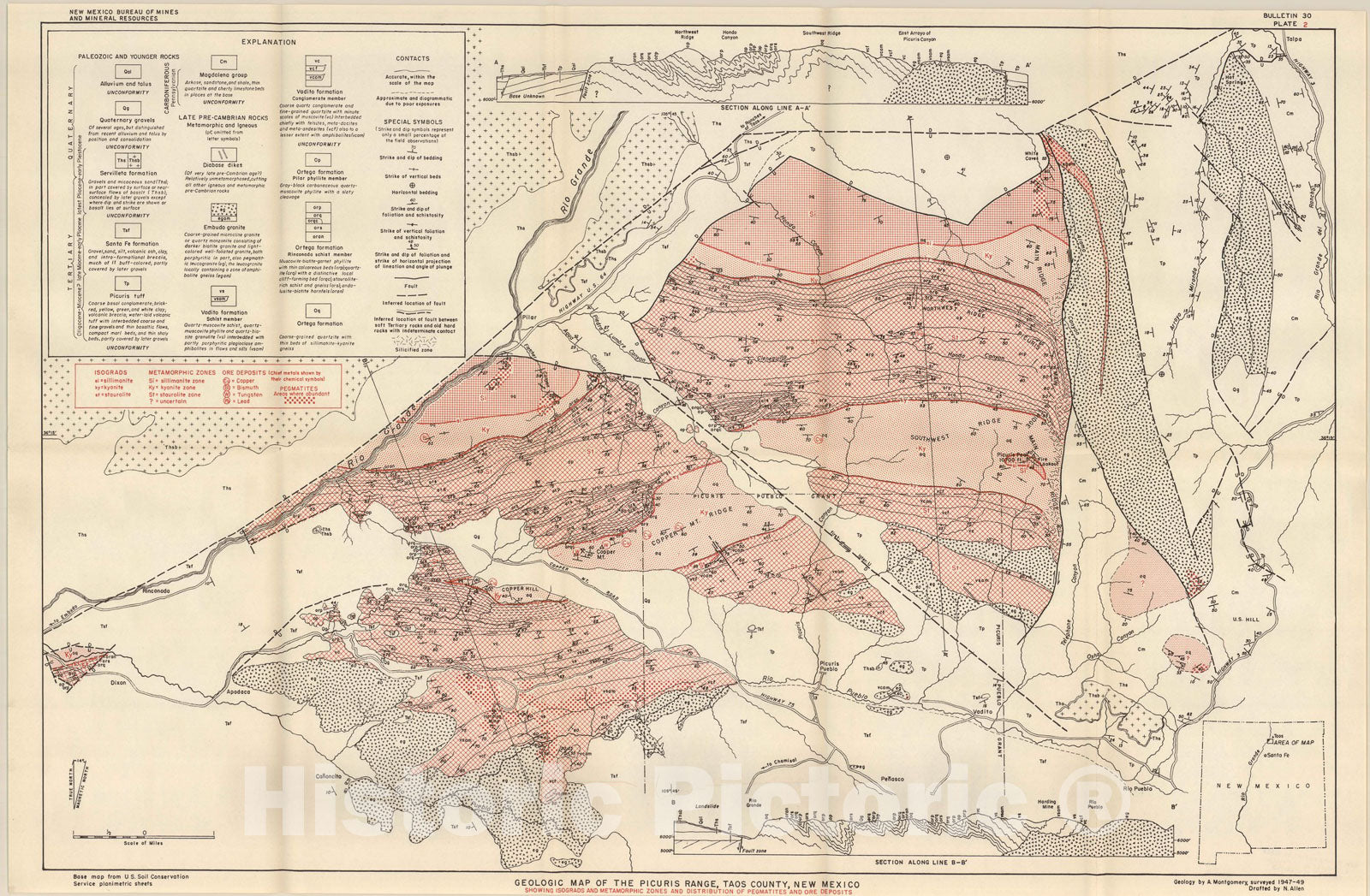Map : Pre-Cambrian geology of the Picuris Range, north-central New Mexico, 1953 Cartography Wall Art :