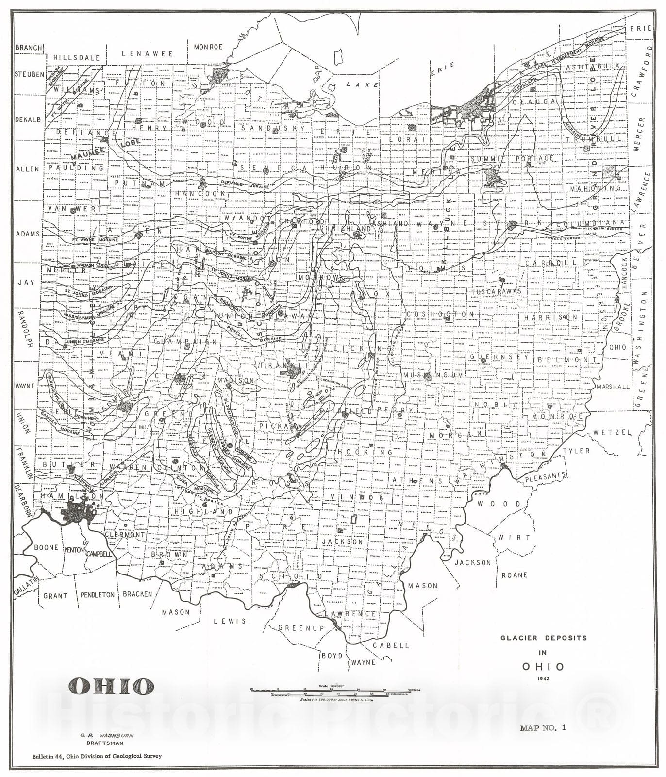 Map : Geology of water in Ohio, 1943 Cartography Wall Art :