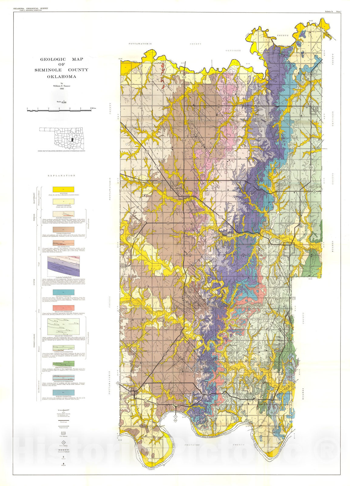 Map : Geology of Seminole County Oklahoma, 1956 Cartography Wall Art :
