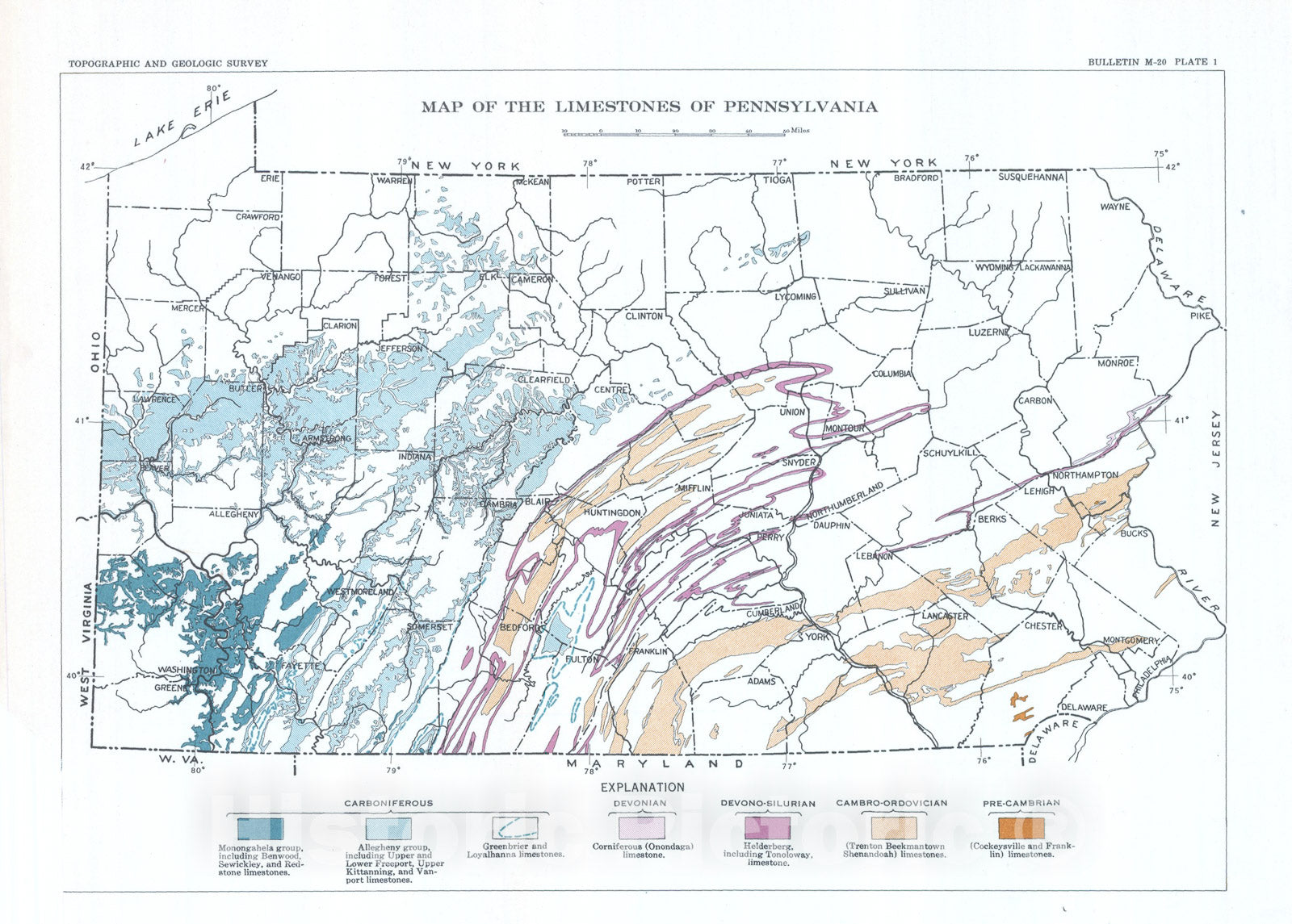 Map : Limestones of Pennsylvania, 1925 Cartography Wall Art :