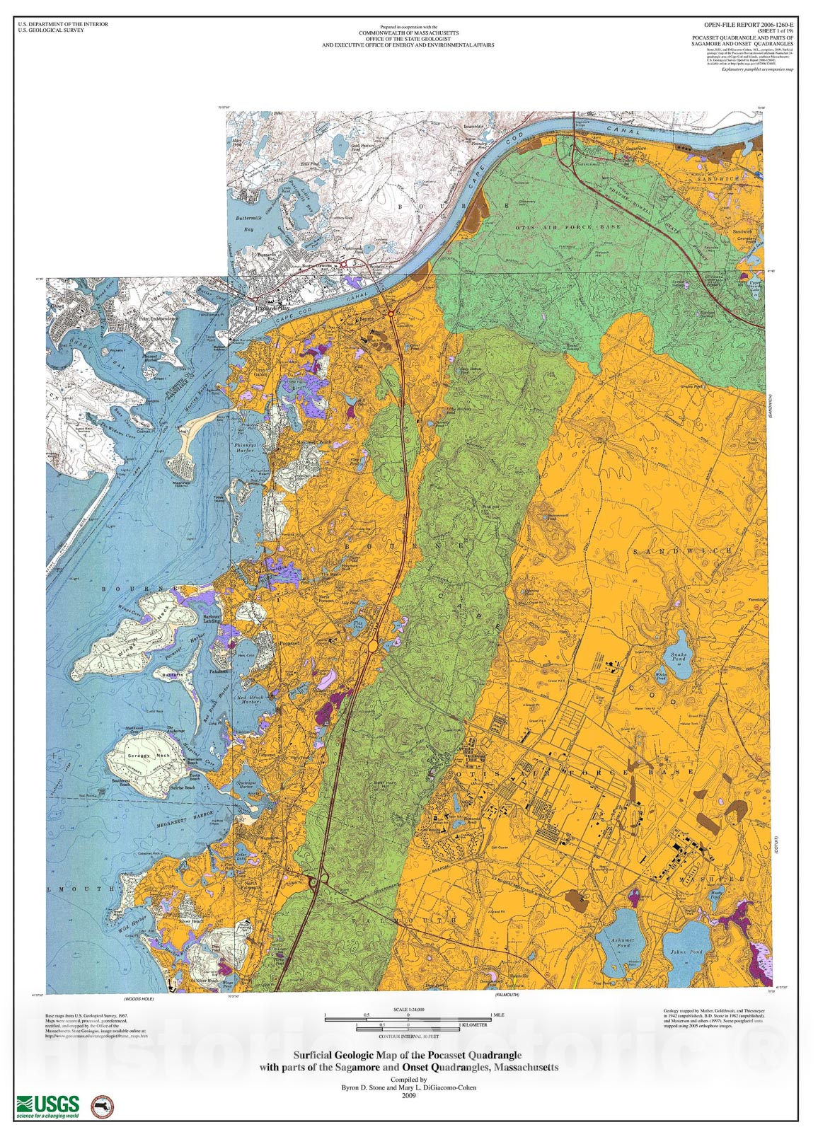 Map : Surficial geologic map of the Pocasset-Provincetown-Cuttyhunk-Nantucket 24-quadrangle area of Cape Cod and islands, southeast Massachusetts, 2010 Cartography Wall Art :