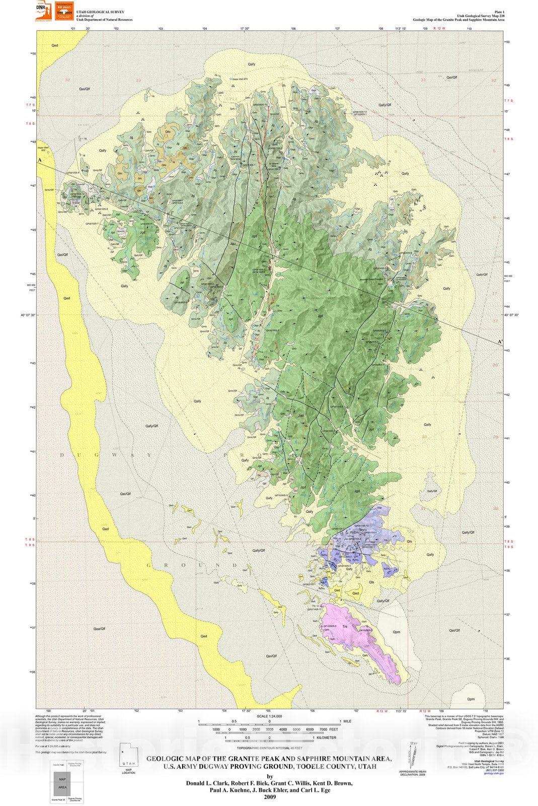 Map : Geologic map of the Granite Peak and Sapphire Mountain area, U.S. Army Dugway Proving Ground, Tooele County, Utah, 2009 Cartography Wall Art :