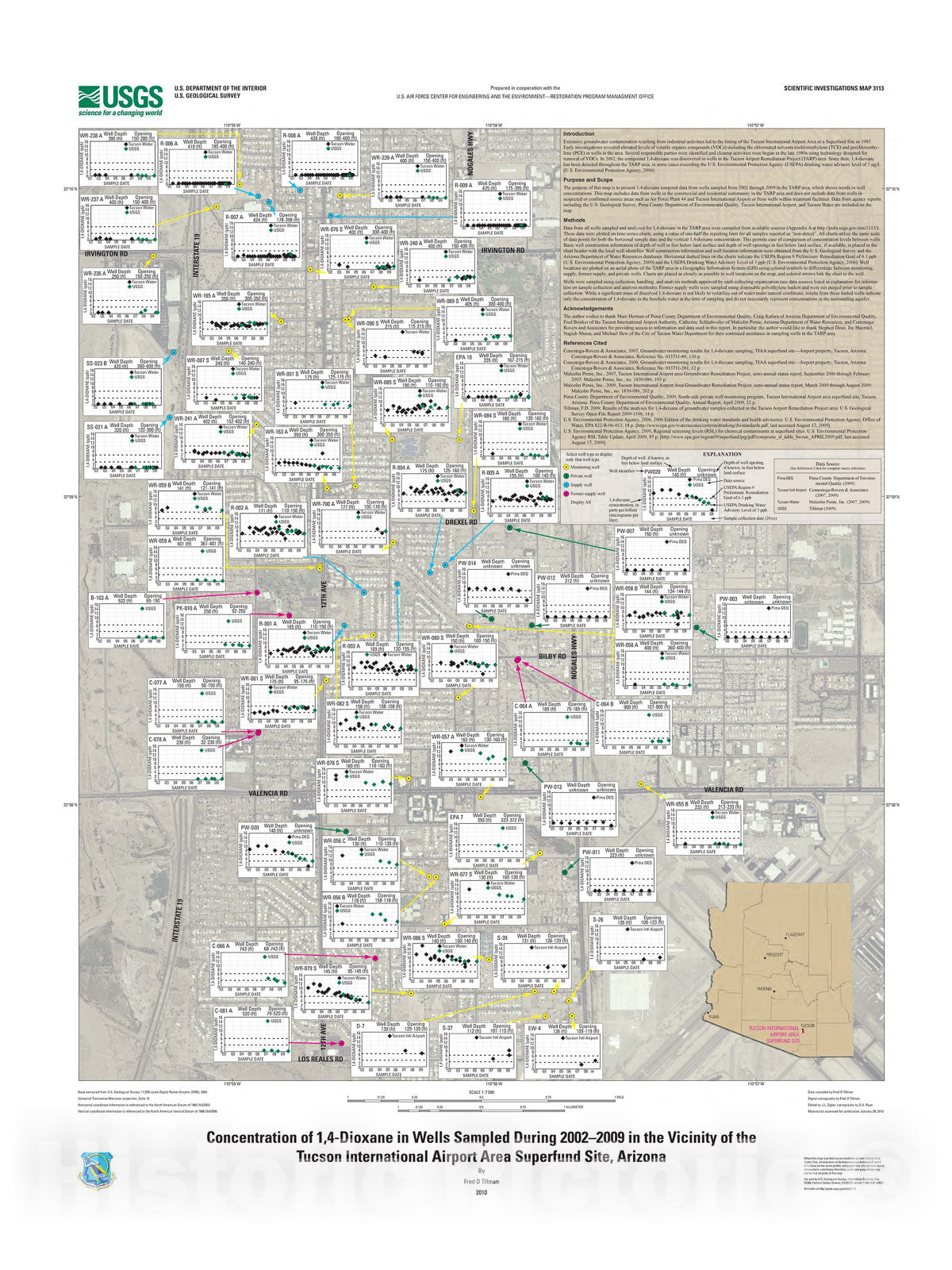 Map : Concentration of 1,4-Dioxane in wells sampled during 2002-2009 in the vicinity of the Tucson International Airport Area Superfund Site, Arizona, 2010 Cartography Wall Art :