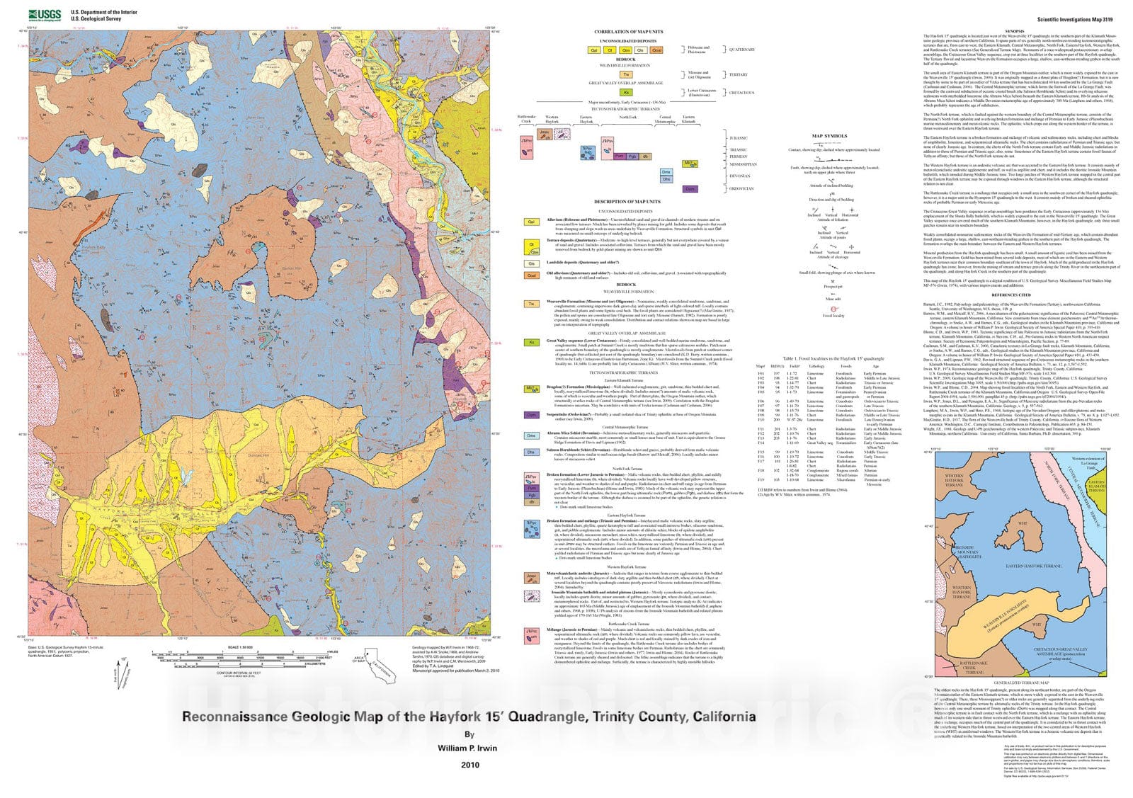 Map : Reconnaissance geologic map of the Hayfork 15' quadrangle, Trinity County, California, 2010 Cartography Wall Art :