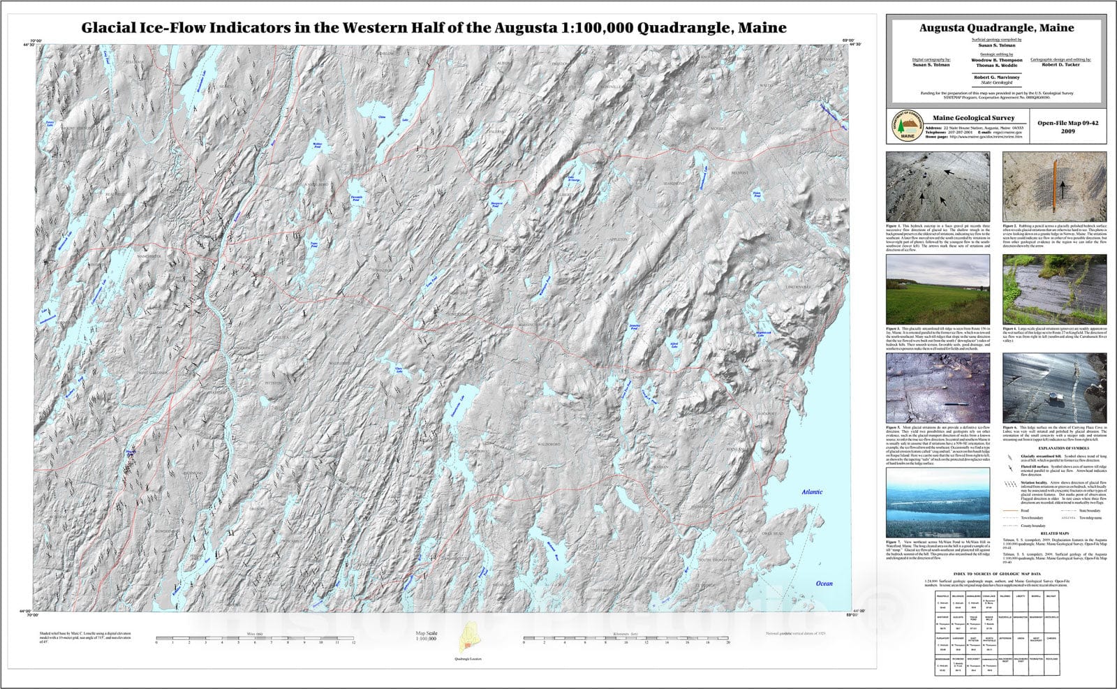 Map : Glacial Ice-Flow Indicators in the Western Half of the Augusta 1:100,000 Quadrangle, Maine, 2009 Cartography Wall Art :