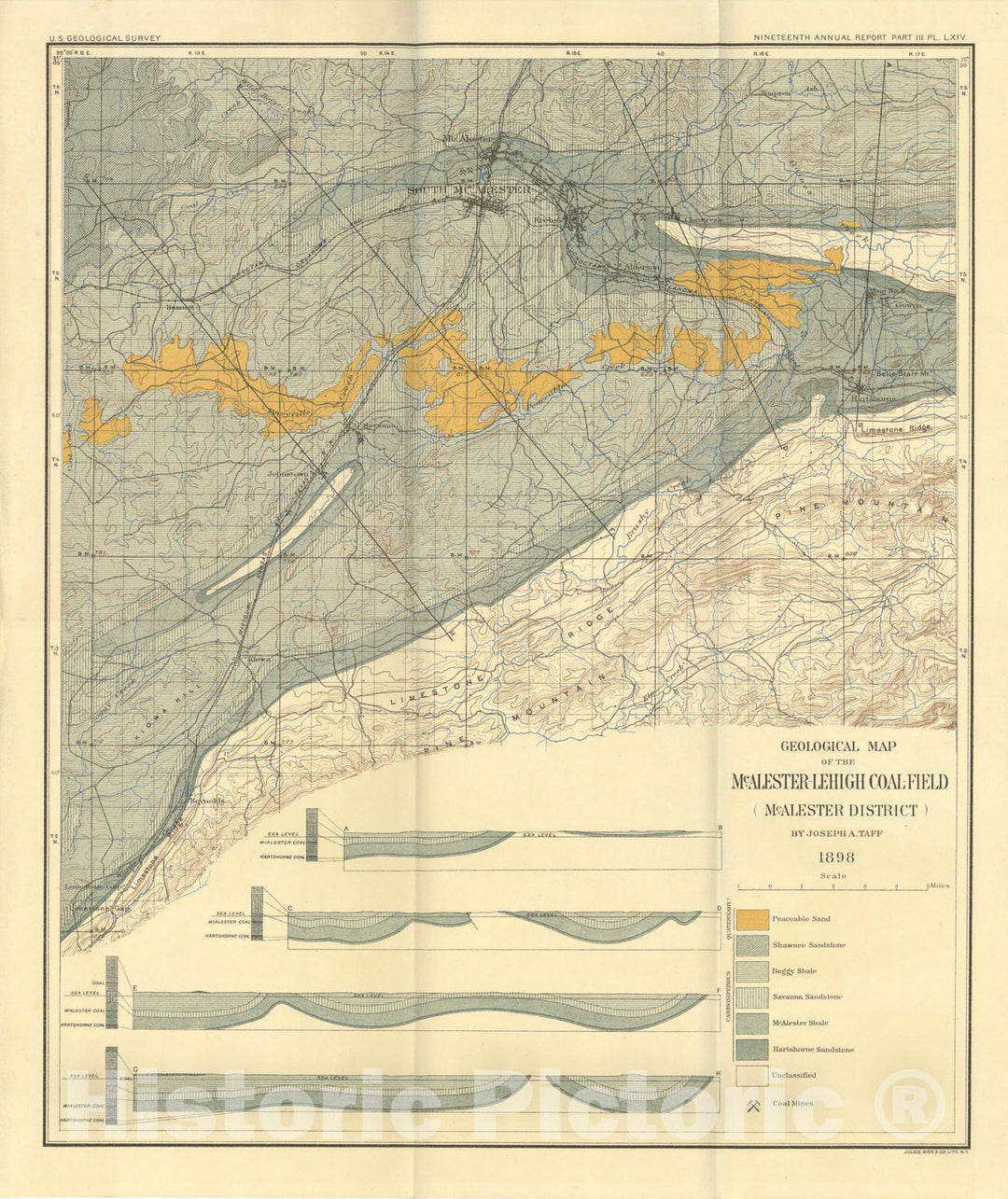 Map : Geology of the McAlester-Lehigh coal field, Indian Territory, accompanied by a report on the fossil plants, and a report on the Pa, 1899 Cartography Wall Art :