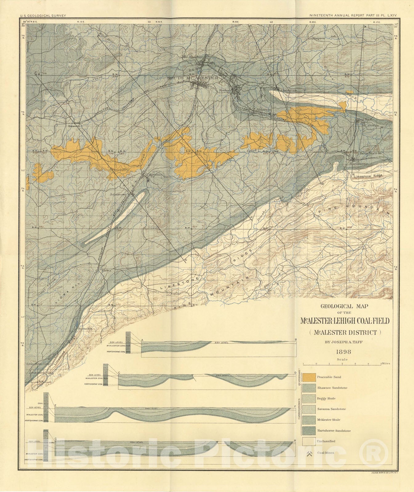 Map : Geology of the McAlester-Lehigh coal field, Indian Territory, accompanied by a report on the fossil plants, and a report on the Pa, 1899 Cartography Wall Art :